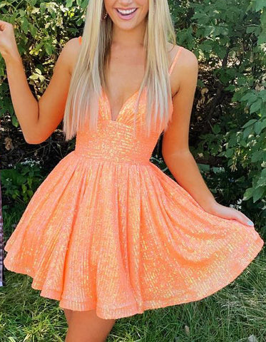 Cute A Line V Neck Orange Sequins Short Homecoming Dresses VK23061101