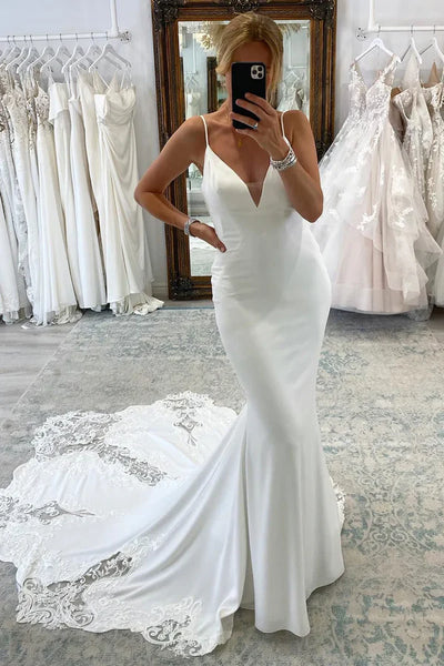 Simple Elegant V Neck Satin Long Wedding Dresses with Appliques VK24102102