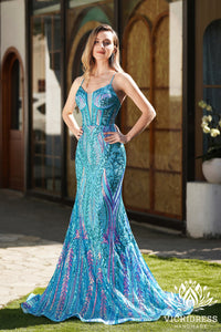 Cute Mermaid V Neck Teal Sequins Long Prom Dresses VK24121208