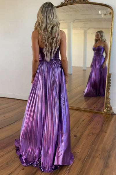 Cute A Line Sweetheart Purple Metallic Satin Pleat Prom Dresses with Slit VK24120401