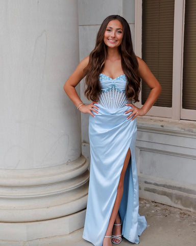 Graceful Light Blue Mermaid V-Neck Beaded Ruched Long Prom Dress