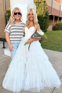 Fairy A Line V Neck Sparkly White Tiered Tulle Long Prom Dresses VK24101904