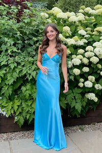 Sheath V Neck Blue Silk Satin Prom Dress with Beading VK24122615