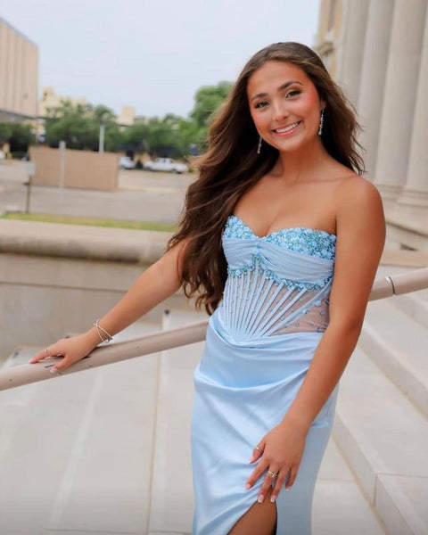 Graceful Light Blue Mermaid V-Neck Beaded Ruched Long Prom Dress