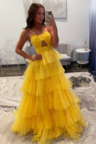 Cute A Line Straps Yellow Tulle Tiered Prom Dress VK020305