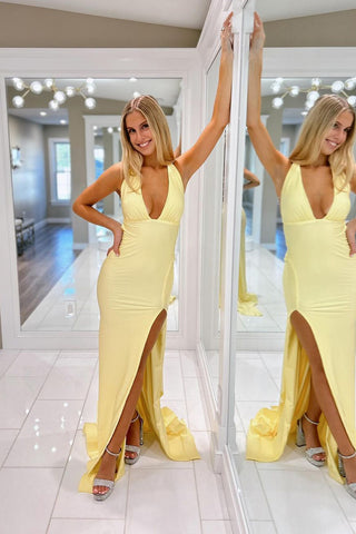 Charming Mermaid Deep V Neck Yellow Satin Long Prom Dresses with Slit VK24101007