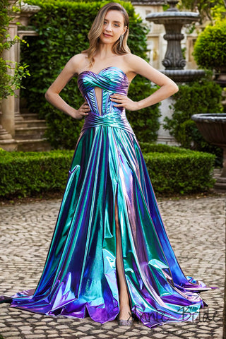 A Line Sweetheart Metallic Satin Prom Dress with Sit VK24122718