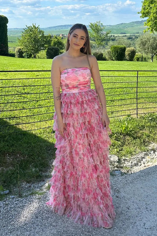 Fairy A Line Strapless Floral Tulle Tiered Prom Dress VK020104