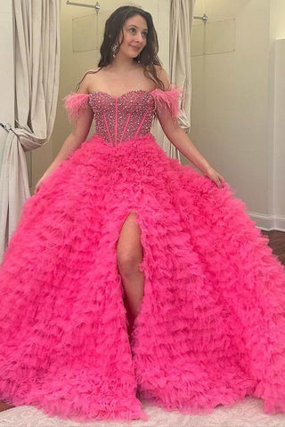 Hot Pink Beaded Feather Off-the-Shoulder Tiered Long Prom Dress with Slit VK23120603