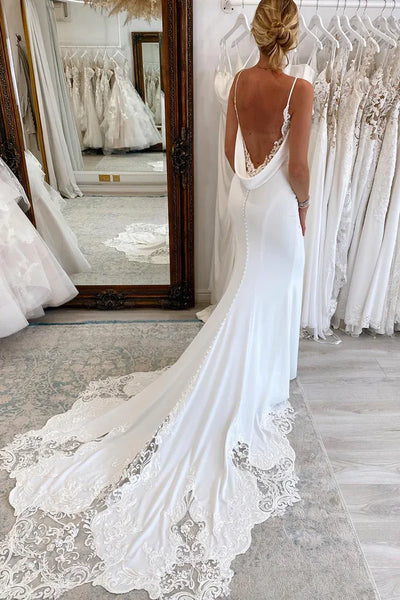 Simple Elegant V Neck Satin Long Wedding Dresses with Appliques VK24102102