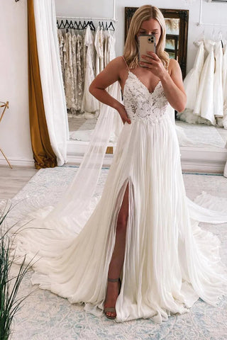 Fairy A Line V Neck Chiffon Tulle Beach Wedding Dresses with Slit VK24110703