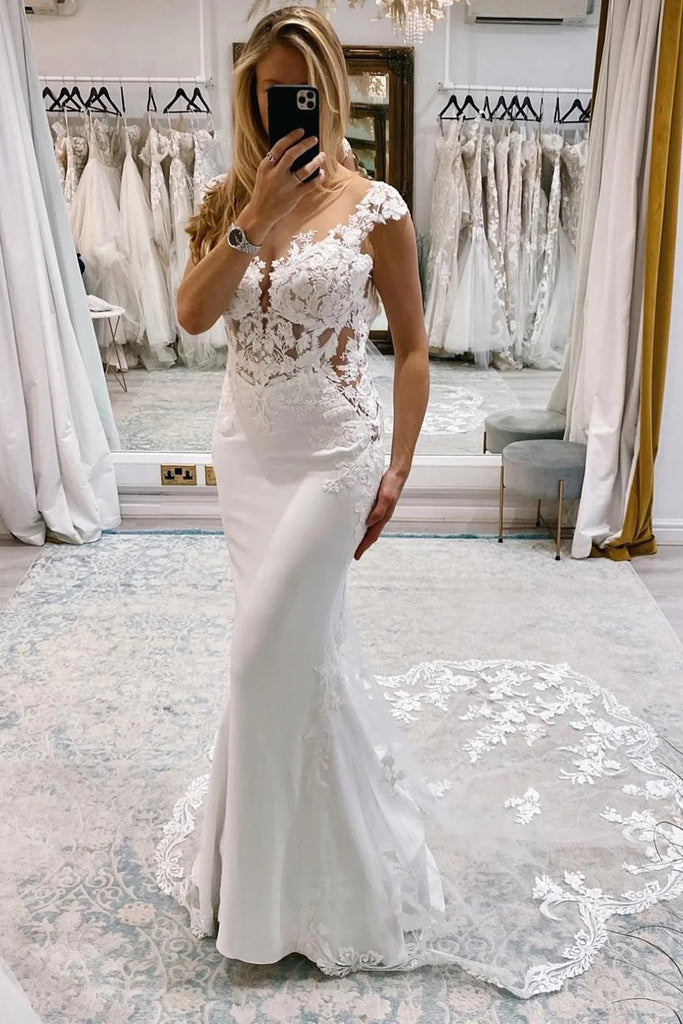 Romantic Mermaid Cap Sleeves White Satin Wedding Dresses with Lace  VK23082703 – Vickidress