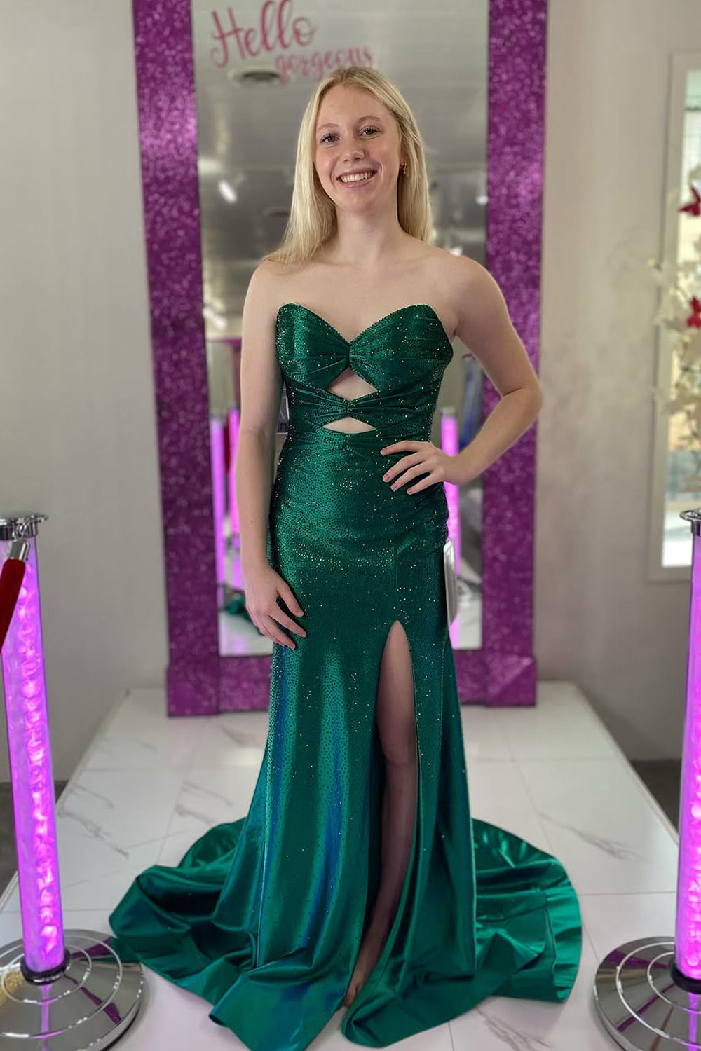 Sparkly Mermaid Sweetheart Keyhole Green Satin Slit Prom Dress with Beading VK121413