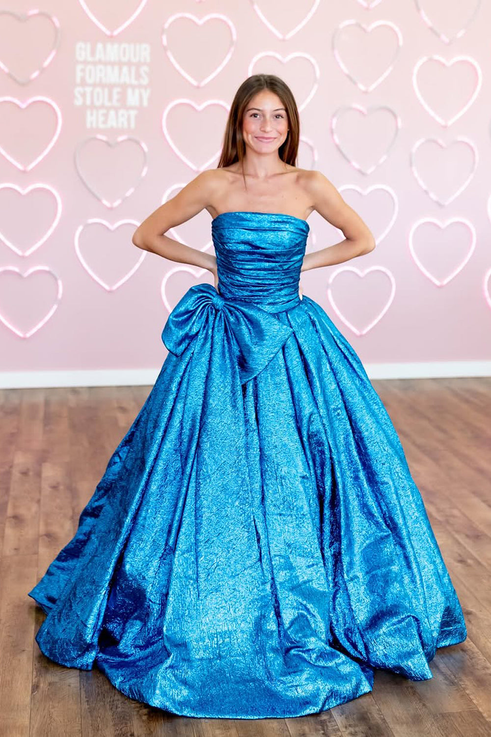 Ball Gown Strapless Blue Organza Long Prom Dresses with Bowknot VK021404