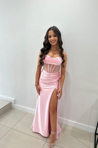 Charming Mermaid Straps Pink Satin Slit Prom Dress with Sequins VK121409