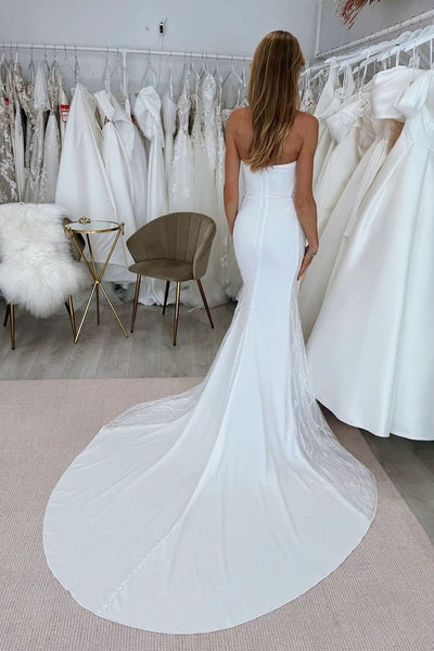 Elegant Simple Mermaid Scoop Neck Satin Long Wedding Dresses VK24102804