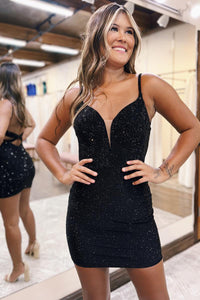 Cute Bodycon V Neck Black Sparkly Homecoming Dresses with Cross Back VK073119