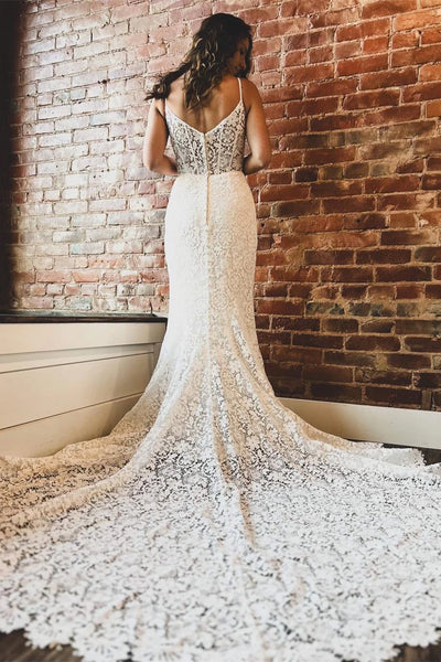 Bohemian Mermaid V Neck Lace Beach Wedding Dresses VK24101913