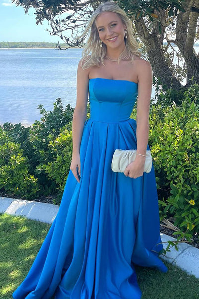 A-Line Strapless Blue Satin Long Prom Dresses VK24041501