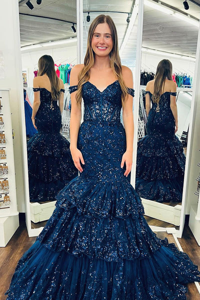 Charming Mermaid Off the Shoulder Navy Sequins Tiered Tulle Long Prom Dresses VK24101902