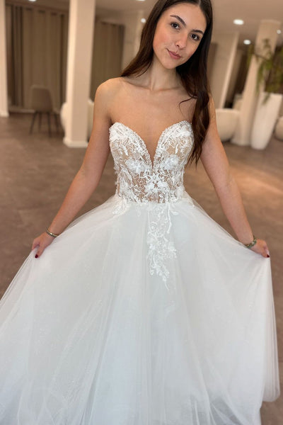 Fairy A Line V Neck Tulle Wedding Dresses VK24102213