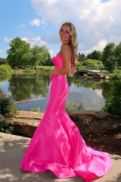 Mermaid Sweetheart Keyhole Pink Satin Prom Dress with Bow VK24122617