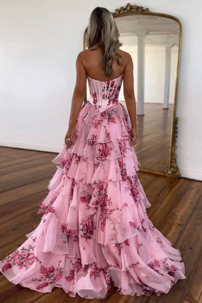 Charming A Line Sweetheart Blush Printed Chiffon Long Prom Dresses VK24102419