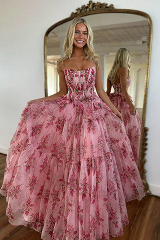 A-Line Strapless Pink Floral Printed Long Prom Dresses with Bowknot VK021810