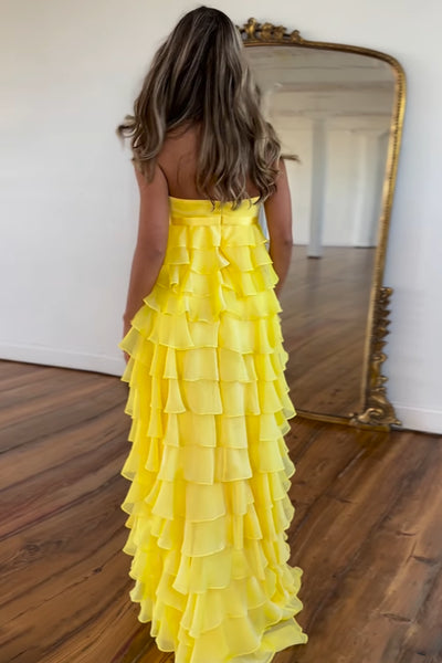 Cute Sheath Strapless Yellow Tiered Chiffon Long Prom Dresses VK24102013