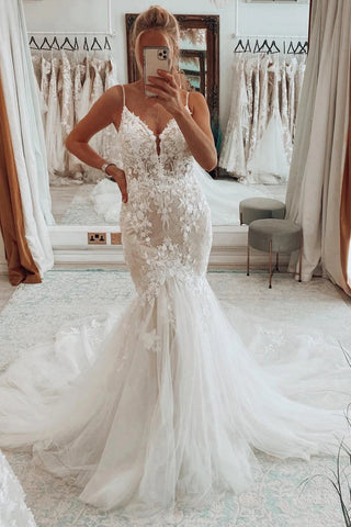 Boho Mermaid V Neck Tulle Lace Long Wedding Dresses with Appliques VK24110701