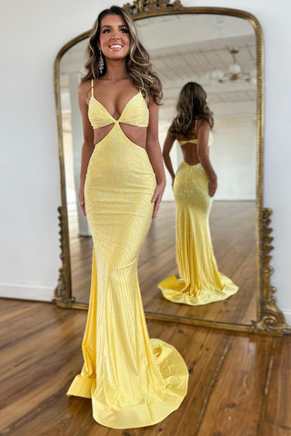 Charming Mermaid V Neck Yellow Satin Long Prom Dresses with Beading VK24102006