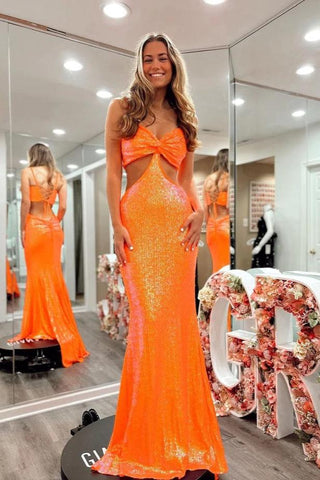 Charming Unique Mermaid V Neck Orange Sequins Long Prom Dress