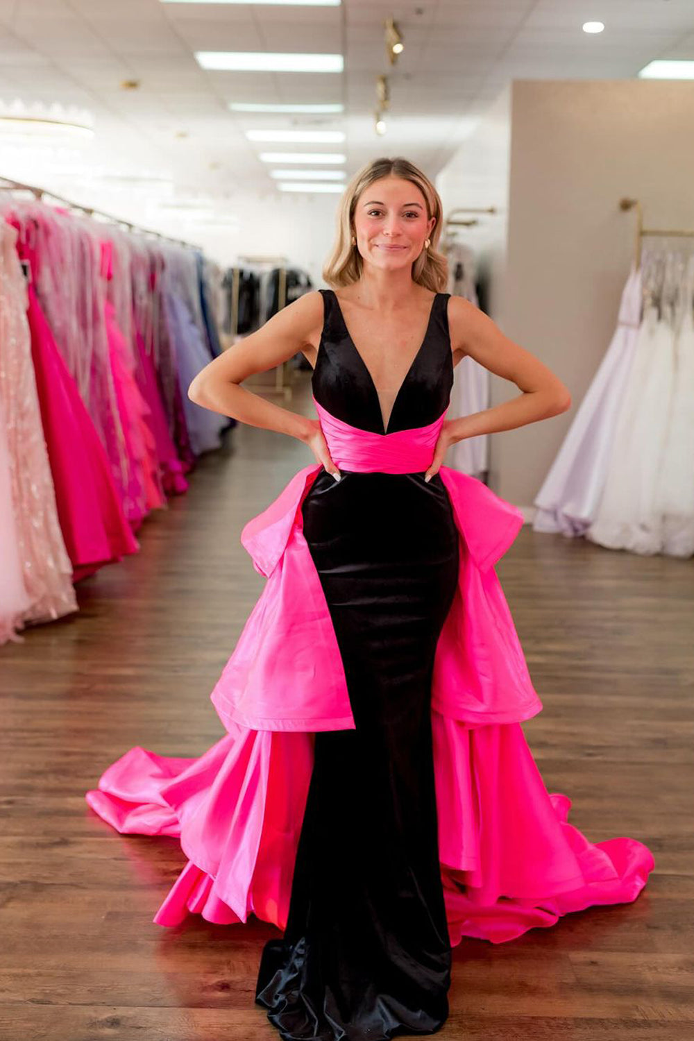 Cute Mermaid V Neck Black Pink Long Prom Dresses Two Piece VK24102909