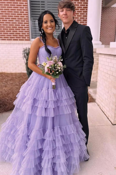 Lilac Sweetheart Ruffle Tulle A-Line Long Prom Dresses with Beading VK24040803