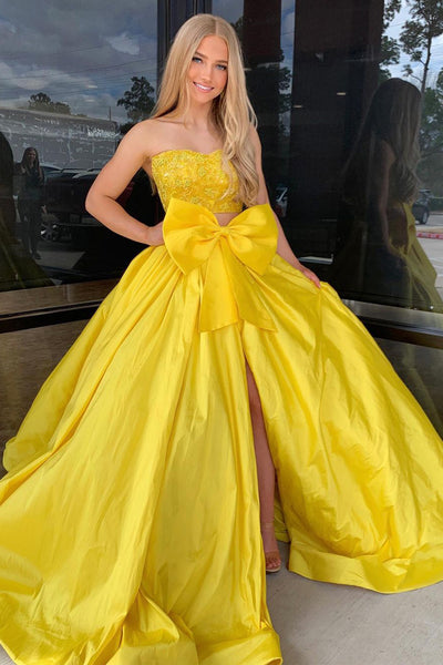 Yellow Strapless Two Piece Satin Long Prom Dresses with Bow VK24030802