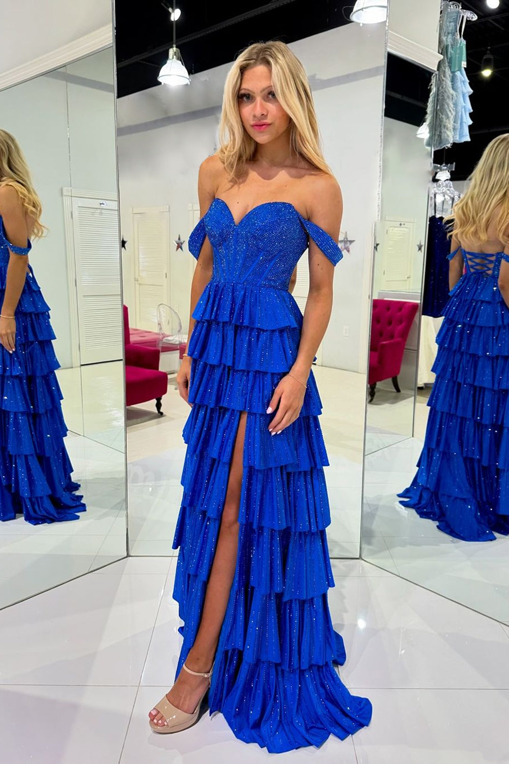 Sparkly A Line Off the Shoulder Royal Blue Satin Prom Dresses with Beading VK24102211