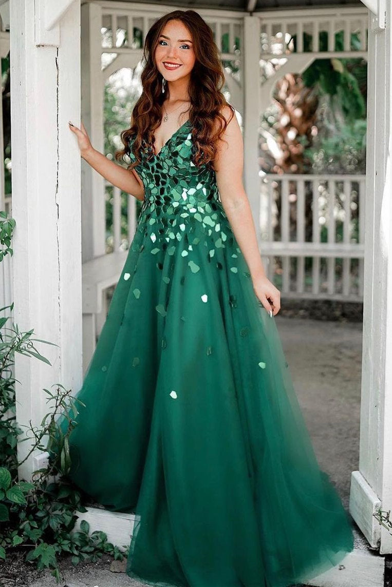 Cute A Line V Neck Green Tulle Prom Dresses with Beading VK24102305