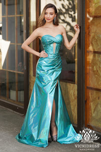 Charming Mermaid Sweetheart Magic Metallic Satin Long Prom Dress with Slit VK24121109