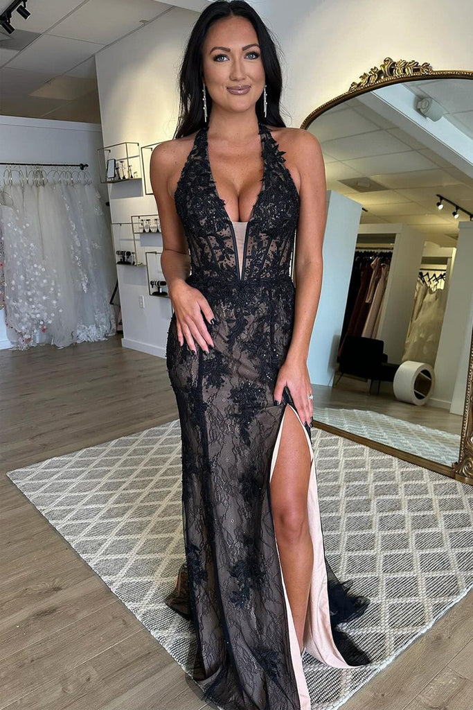 Cute Mermaid Sweetheart Black Lace Long Prom Dresses with Slit