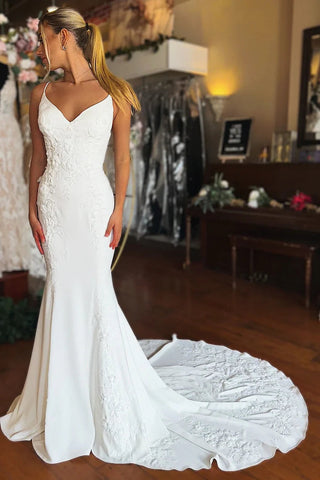 Elegant Mermaid V Neck Elastic Satin Long Wedding Dresses with Appliques