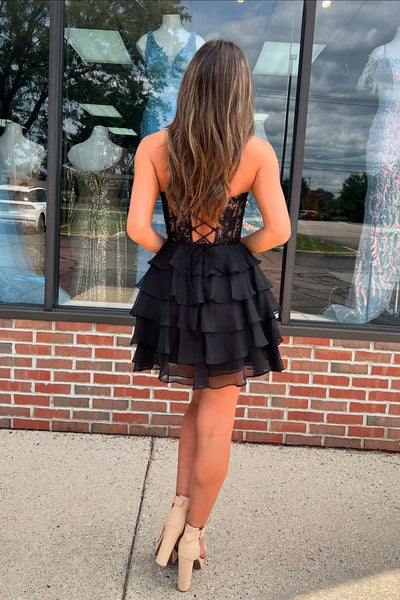 Cute A Line Sweetheart Black Chiffon Short Ruffle Homecoming Dresses VK081901