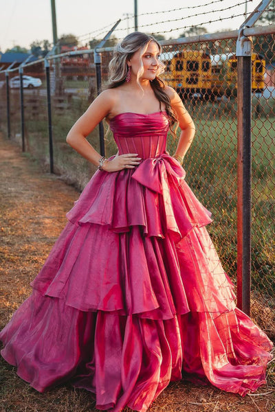 Fairy Ball Gown Strapless Organza Long Prom Dresses with Bow VK24101509