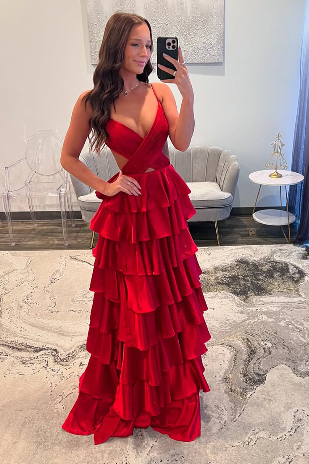 Charming A Line V Neck Red Satin Slit Tiered Prom Dress VK1361808