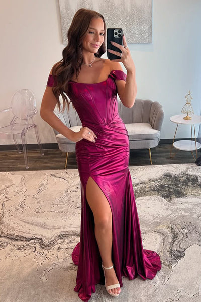 Cute Mermaid Off the Shoulder Fuchsia Satin Long Prom Dresses with Slit VK13120907