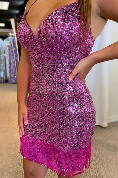 Bodycon V Neck Red Sequins Homecoming Dresses with Beaded VK24073141