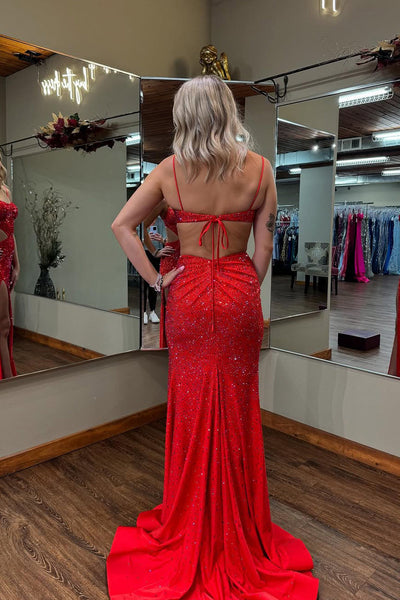 Gorgeous Fashion Mermaid Red Satin Long Prom Dresses with Beading VK130608