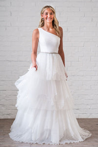 Ball Gown One Shoulder White Ruffle Tiered Tulle Wedding Dresses VK021706