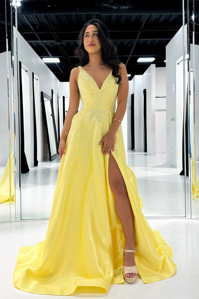 A-Line V Neck Yellow Beads Long Prom Dresses with Slit VK021502