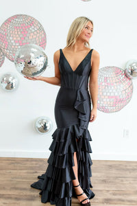 Mermaid V Neck Black Satin Long Prom Dress with Slit VK25010405