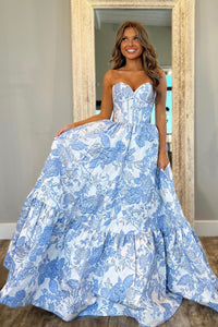 Gorgeous Ball Gown Sweetheart Light Blue Jacquard Satin Prom Dress VK24120315